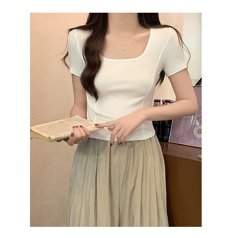 TUCANO Short-Sleeve T-Shirt for Women, Square Neck, Summer 2025, Crop Top Design, Niche Style, Regular Shoulder, Hot Girl Half Sleeve, White, 2XL 8