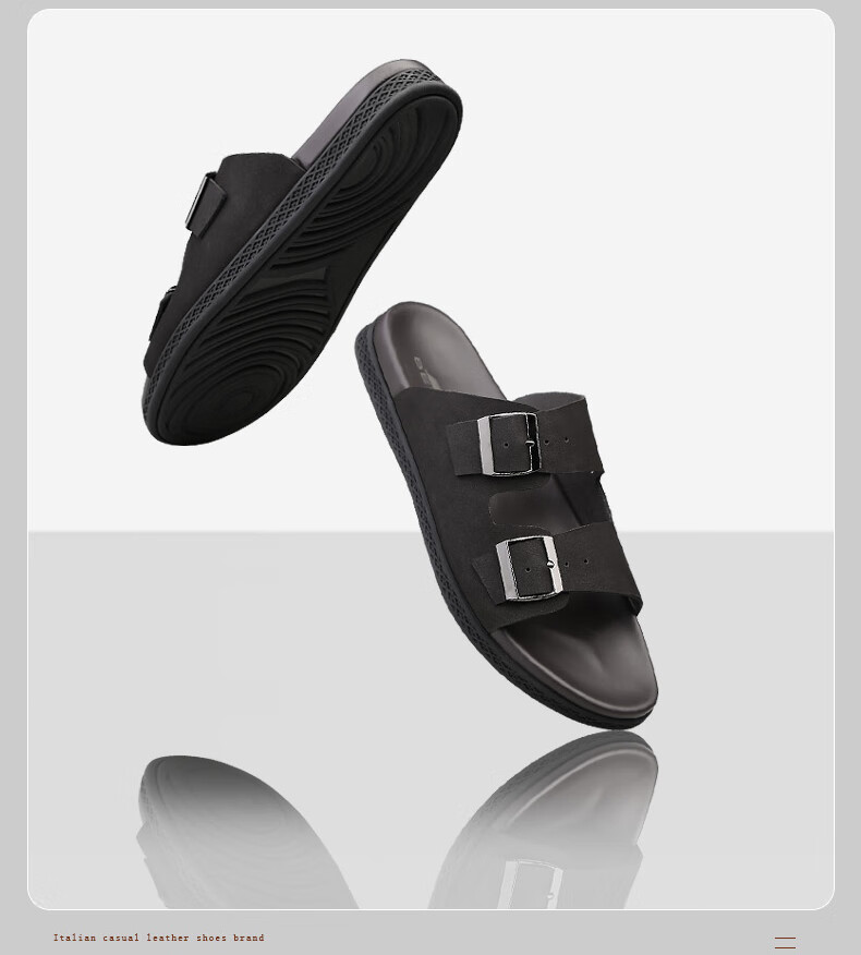 Ram Men's Genuine Leather High-End Slide Sandals Durable Non-Slip First Layer Cowhide Summer Beach Shoes Black Size 39 7