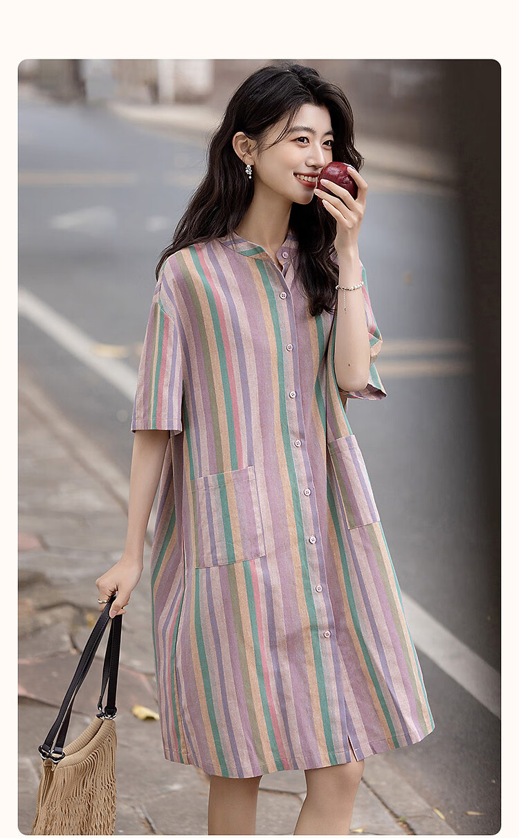 Dme [Healing Class Style] Summer Short Stand-Collar Cotton Lyocell Blend Short-Sleeve Loose Waist Mid-Length Women's Dress 1