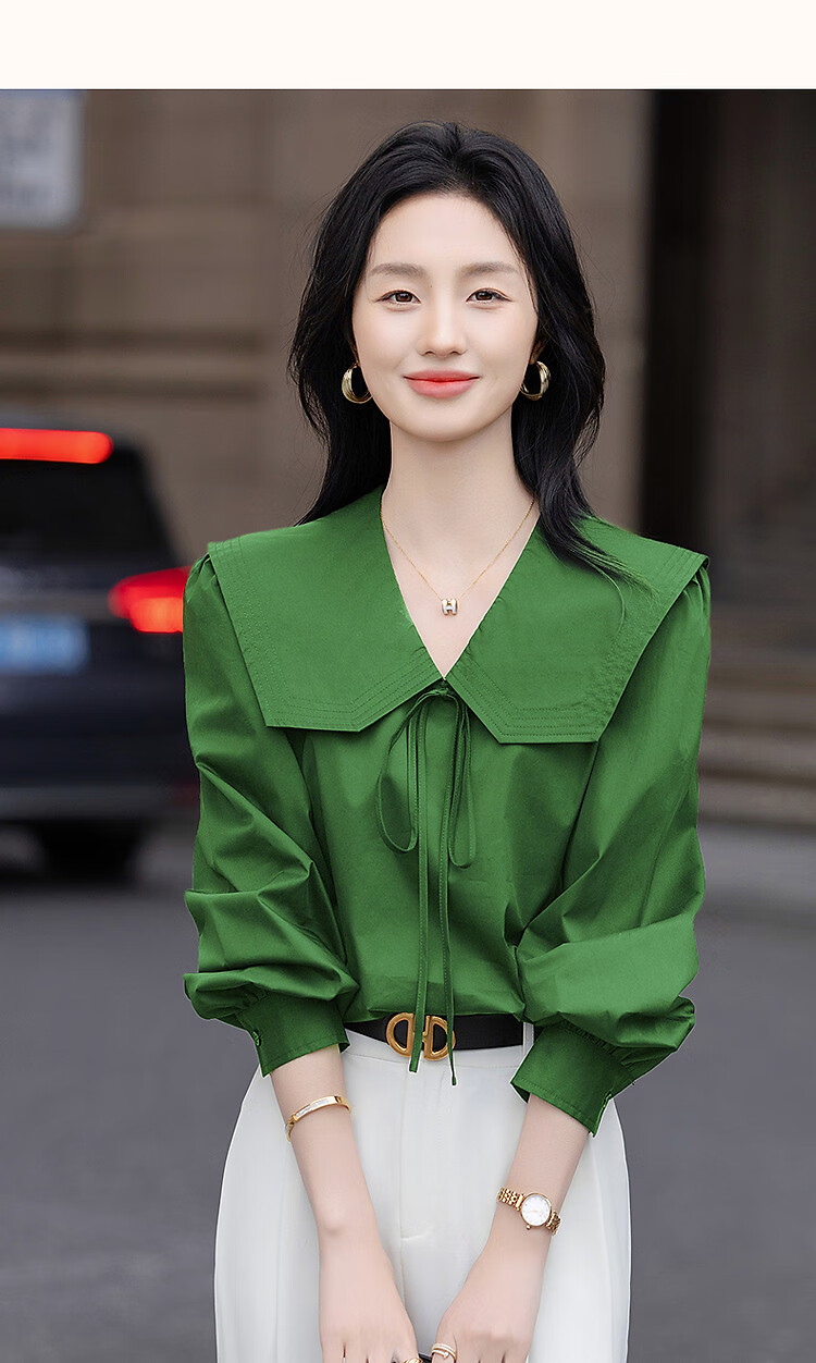 Dme [Will Breathe Cotton] Spring And Autumn Japanese Artistic Turndown Collar Tie-Up Shirt with Puff Sleeves, Concealing Body, Women's Blouse Top 18