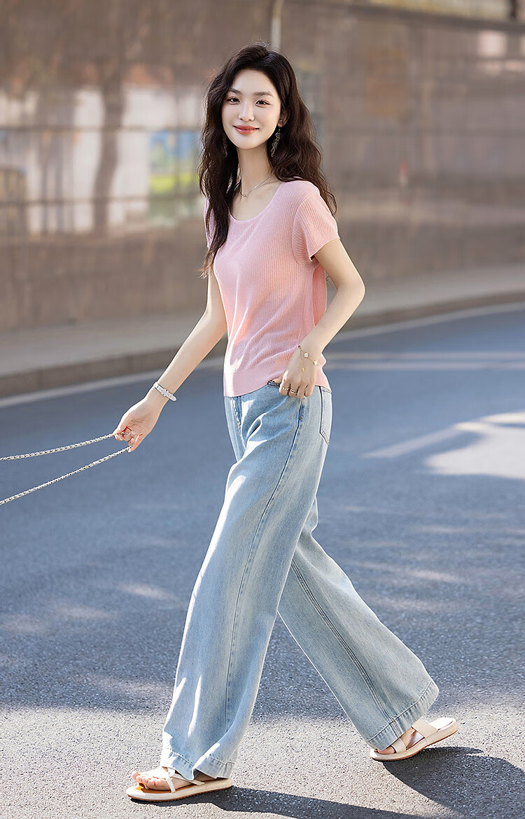 Demana Natural Linen Summer Elegant Round Neck Short Sleeve Loose Knit Top for Petite Women 16