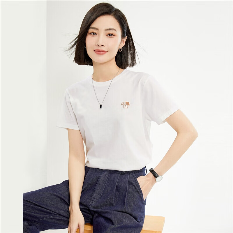 Giordano Women's Short-Sleeve T-Shirt, Summer New Style, Pure Cotton, Small Embroidery, Youthful Round Neck, Casual Top for Women, 13324326