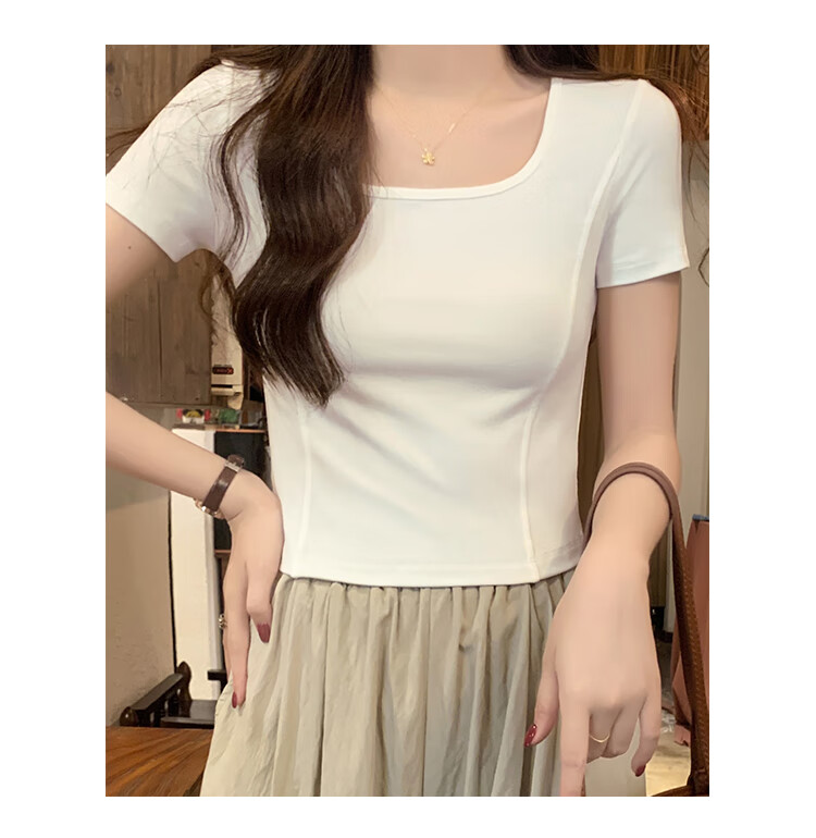 TUCANO Short-Sleeve T-Shirt for Women, Square Neck, Summer 2025, Crop Top Design, Niche Style, Regular Shoulder, Hot Girl Half Sleeve, White, 2XL 7