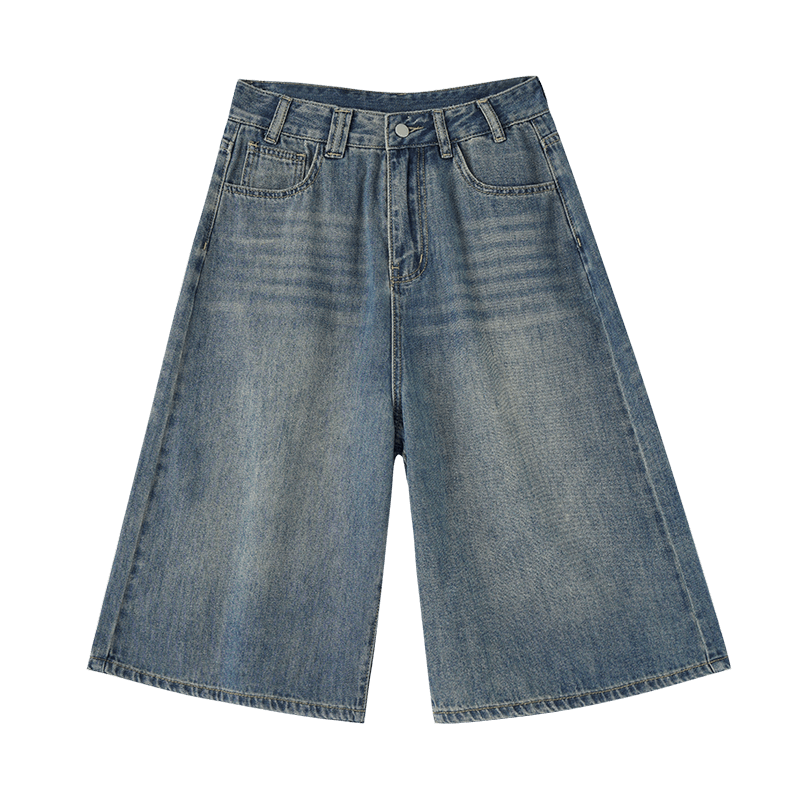 Free Style Vintage High Waist Denim Shorts Women 2026 Summer New Loose Slim Fit Petite Straight Wide Leg Cropped Pants