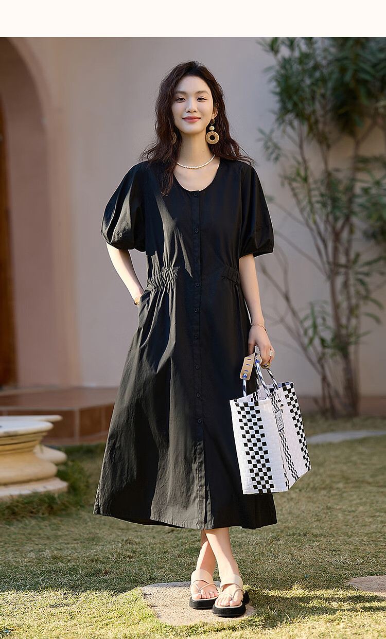 Demana 100% Cotton Summer Elegant V-Neck Elastic Waist Short Sleeve Mid-Length Slimming Women's Dress 23