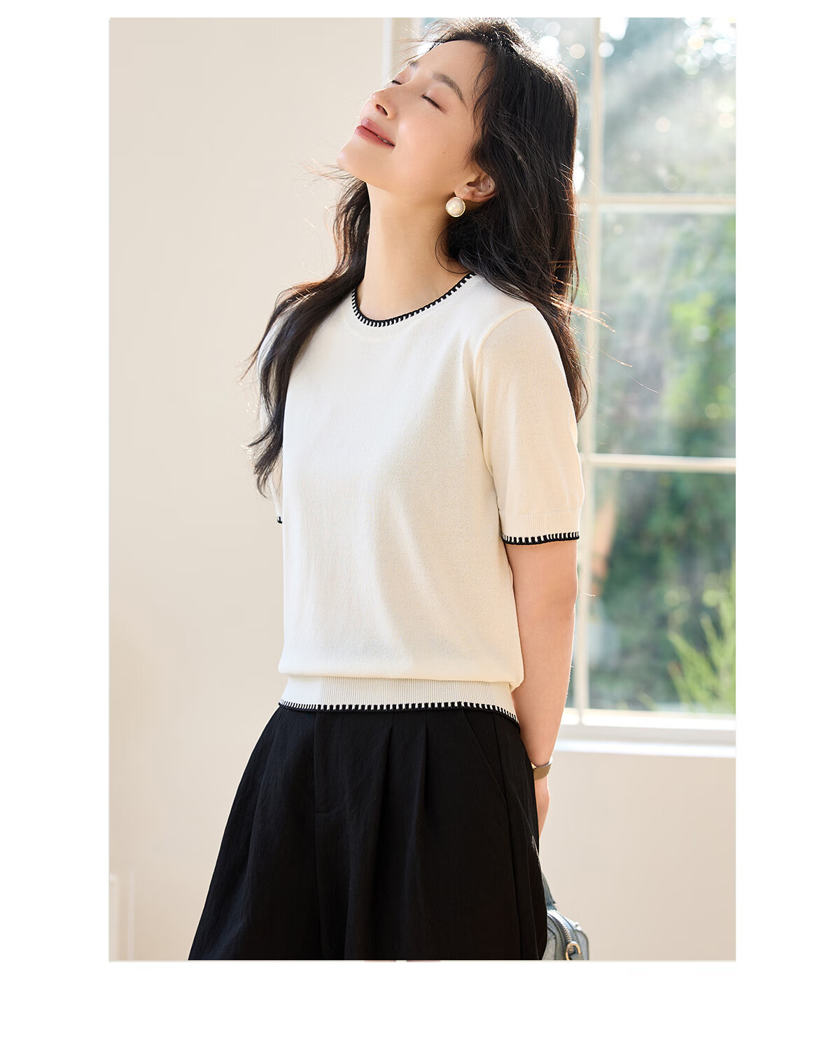Chushen Summer Knitted Short-Sleeve T-Shirt for Women, Fashionable Round Neck Contrasting Color Design, Simple And Elegant Knitted Top Base Shirt S52T025 22