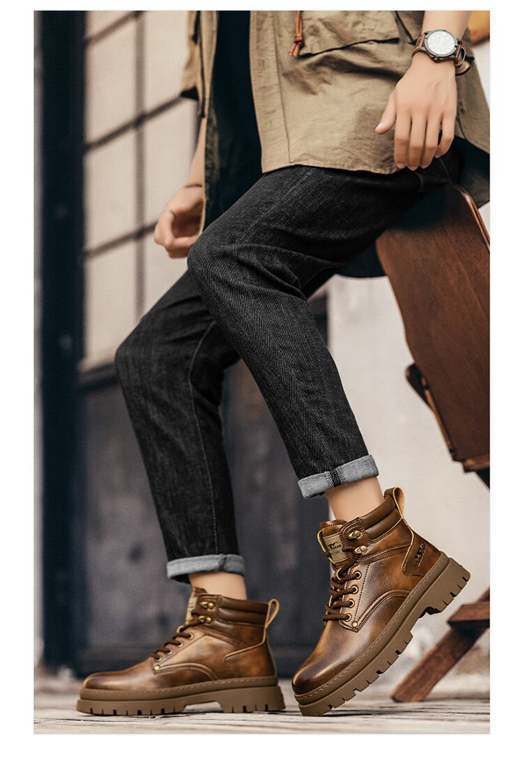 Bull Family Men's Autumn Winter Martin Boots Trendy Versatile Work Shoes Retro Durable Leather Boots for Men 22