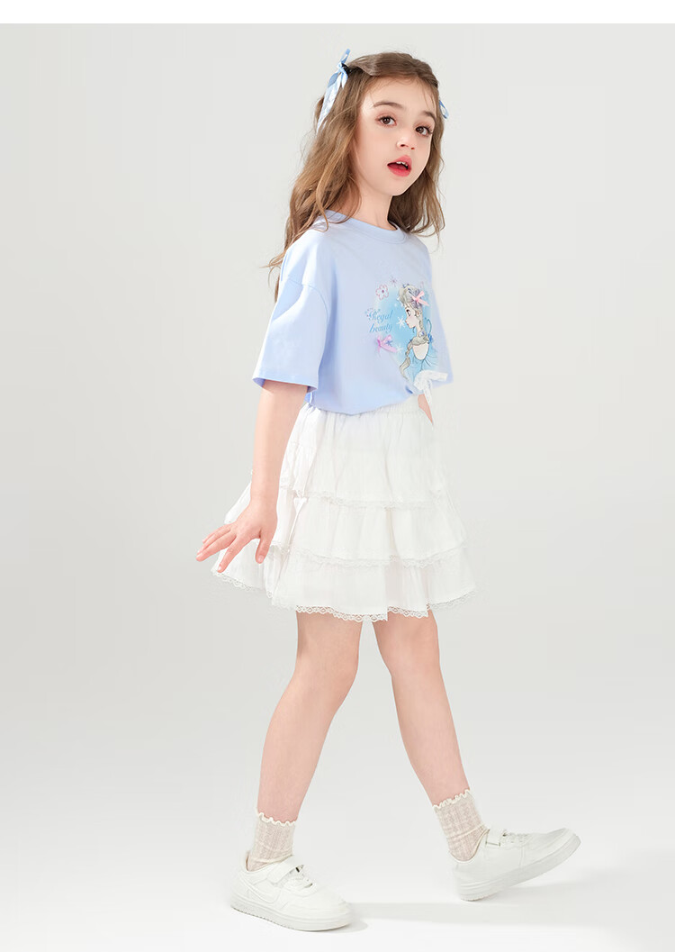 Disney Girls' Summer Dress, Playful A-Line Skirt, Lace Patchwork Midi Skirt for Older Children, White, Size 120 8