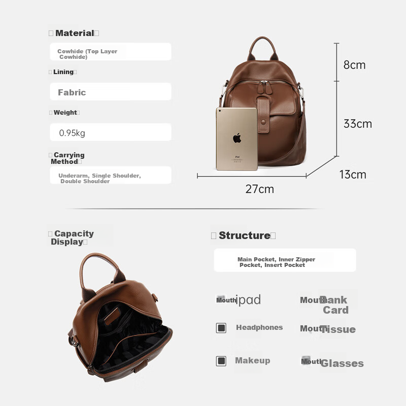 ZOOLER Top-Grain Leather Backpack for Women, Fashionable Retro Style Ladies' Bag, 2026 New Large Capacity Multifunctional Travel Bag