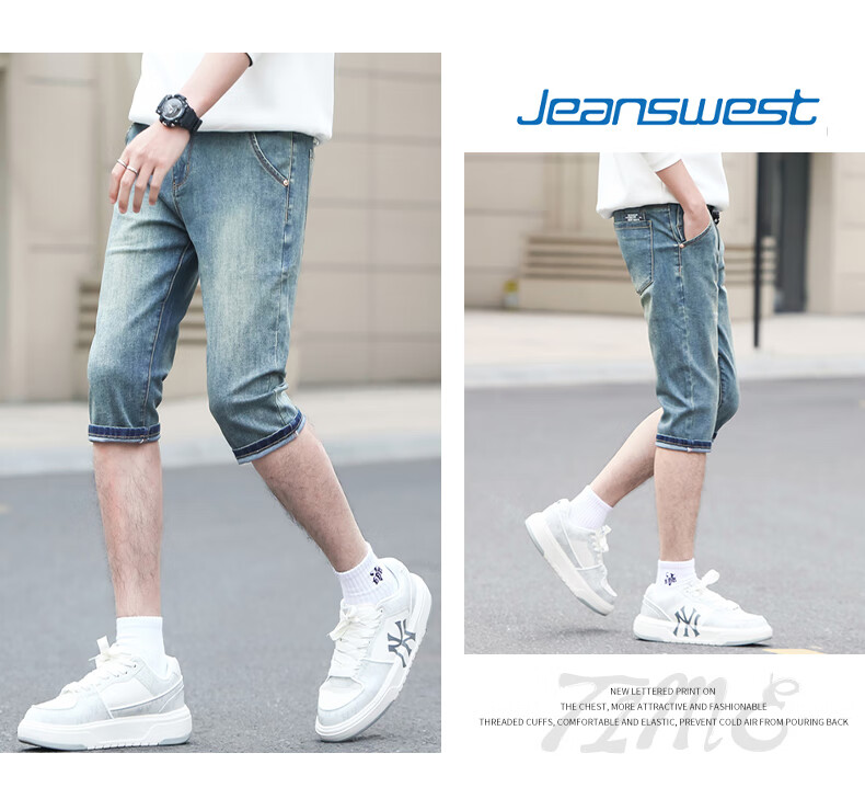 Jeanswest Men's 2026 Summer Lightweight Denim Shorts Fashion Casual Versatile Straight-Leg Cropped Pants Blue Gray 38 10