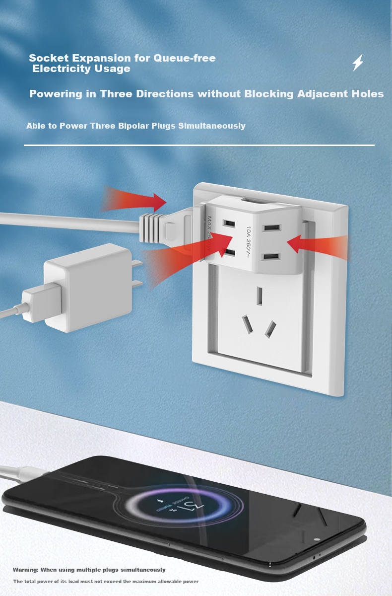 Kyfen Three-In Adapter, National Standard 10A 47mm Mini Portable, No Plug Cover, Dorm Essential, Travel Socket, White, 2 Prongs, Electric Shock Prevention, PP Material 5