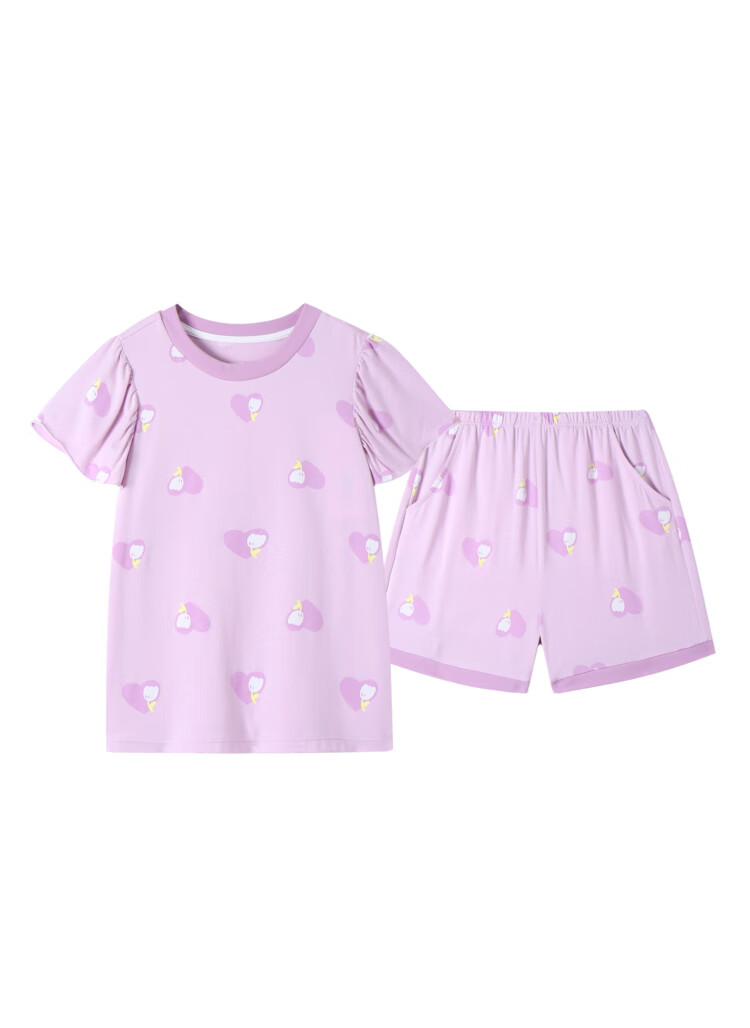 Annil [3A Grade Antibacterial] Girls' Short-Sleeve Loungewear Set, Summer Pajamas, Loose-Fitting 3