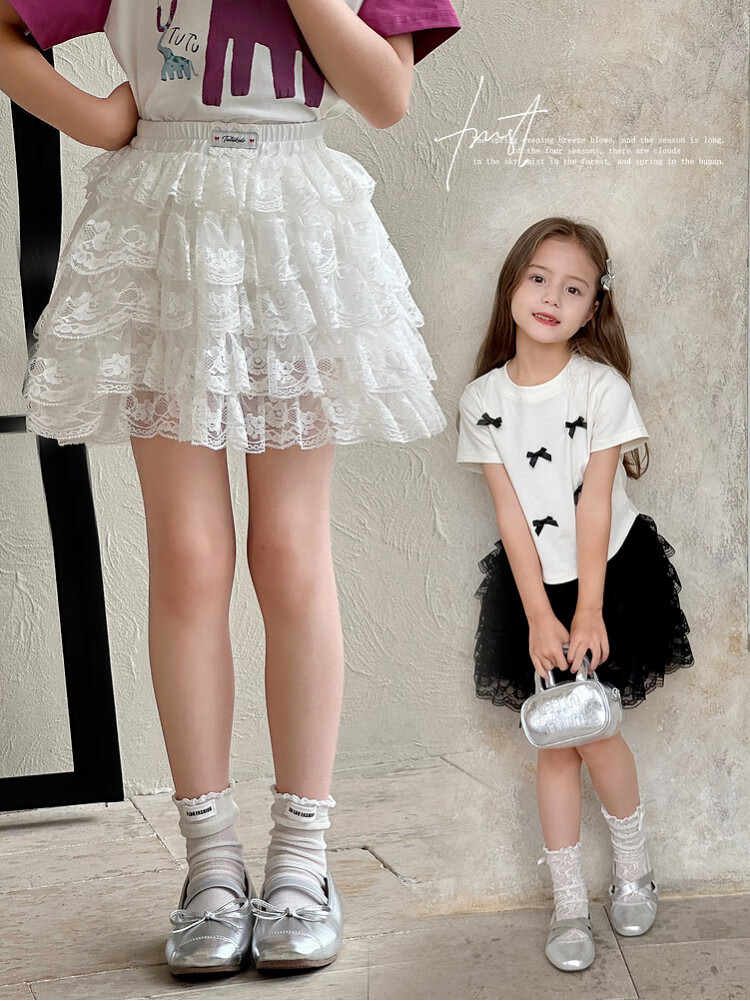 Tutuxiaoxiang Girls' Short Skirt, Children's Cake Skirt, Parent-Child Dress, Lace Midi Skirt, Black, Size 120, Height Approximately 120cm 1