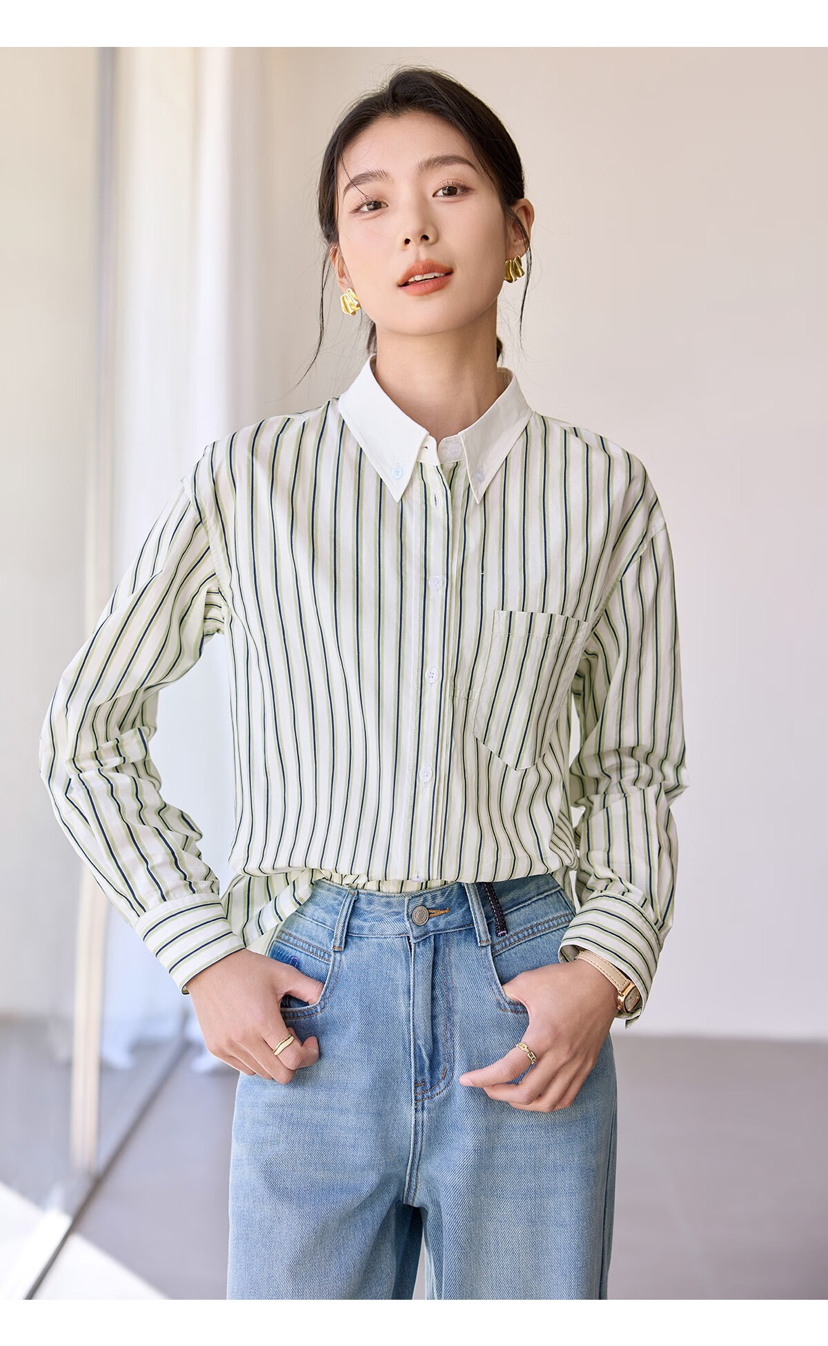 Chushen Women's Long-Sleeve Shirt, Contrasting Color Lapel, Classic Striped Short Casual Commuter Pure Cotton Blouse S51S043 22
