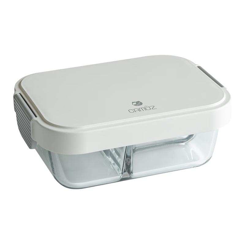 CAMUZ Glass Lunch Box Heat-Resistant Fresh-Keeping Microwaveable Large Capacity White 3-Compartment Bento Box for Office Workers