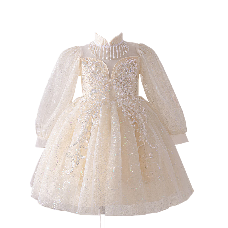 LUOBOBEIBEI Children's Princess Dress, Spring And Summer Puffy Skirt, Stylish Formal Dress, Tulle Skirt for Girls, Wedding And New Year's Outfit, Champagne Color, Size 140
