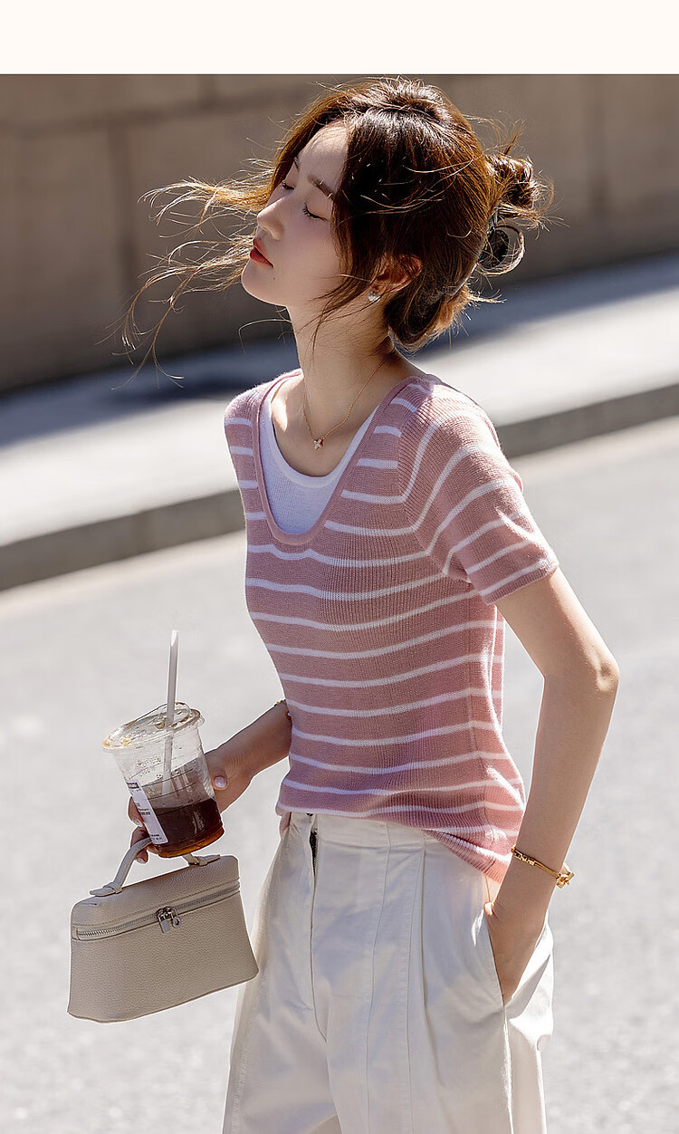 Dme [Xianxiao Philosophy] Spring And Autumn High-Wise Sensation Faux Two-Piece Striped Sweater, Elastic Comfortable Concealing Knit Top for Wome 10