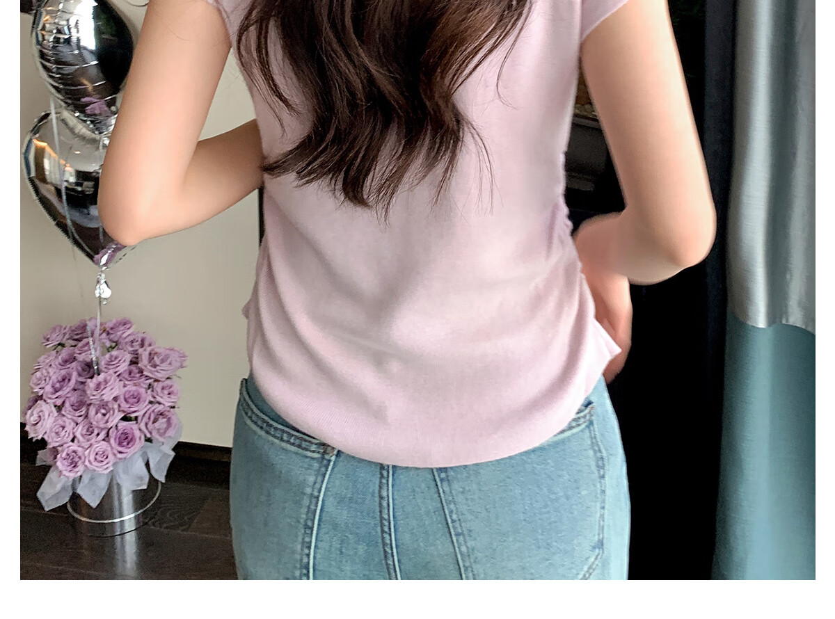 Halo Queen Women's Short Sleeve Knit T-Shirt Slim Fit Cherry Blossom Pink Fitted Waist Crop Top H52T033 29