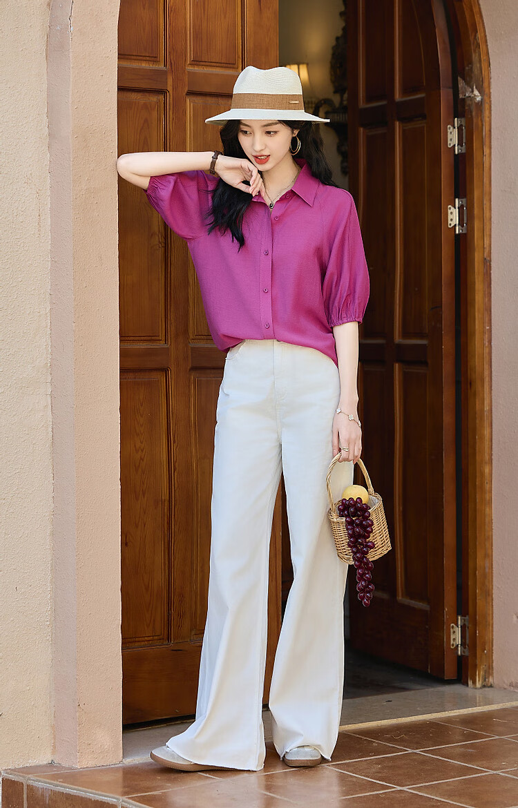 Demana [Su Jian Aesthetics] Summer Acetate Polyester Shirt with Panel Stitching and Elastic Lantern Sleeves Women's Top 23