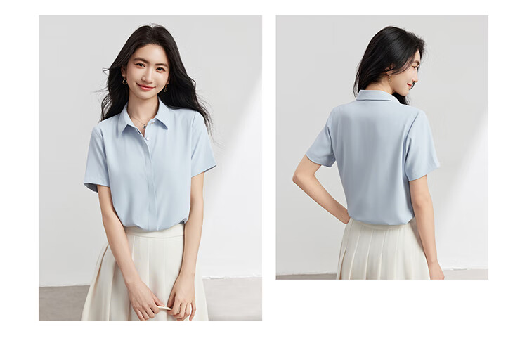 Bodexiaojie Blue Chiffon Short-Sleeve Blouse for Petite Women, Professional Work Top, Interview Formal Wear Shirt, Size L 9