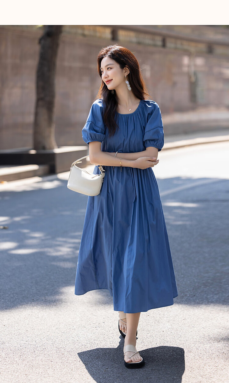Demana [Klein Blue] Summer French Style Pure Cotton Gathered Loose Waist Puff Sleeve A-line Mid-length Women's Dress 26