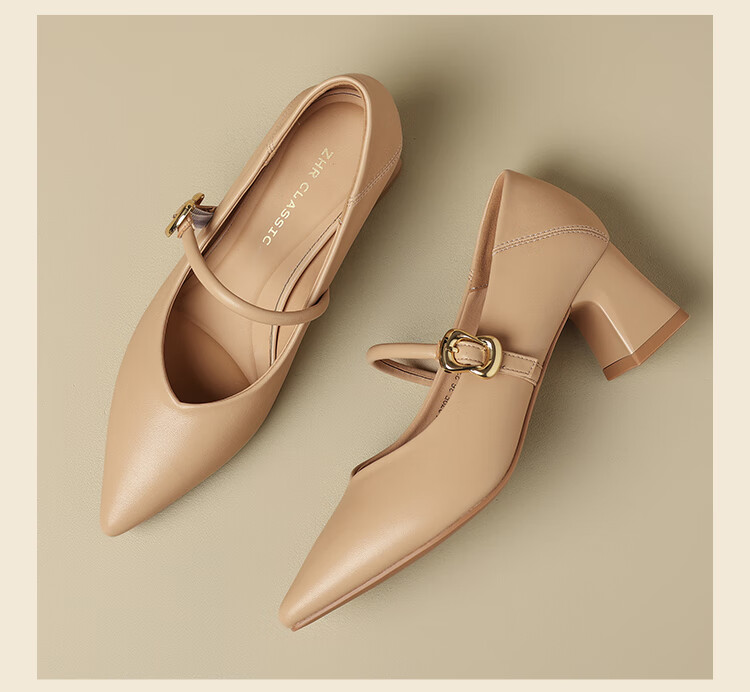 ZHR Zese Mary Jane Women's Pointed Toe Summer Single Shoes Shallow Mouth Chunky Heel One-strap Shoes BL379F Beige 37 25