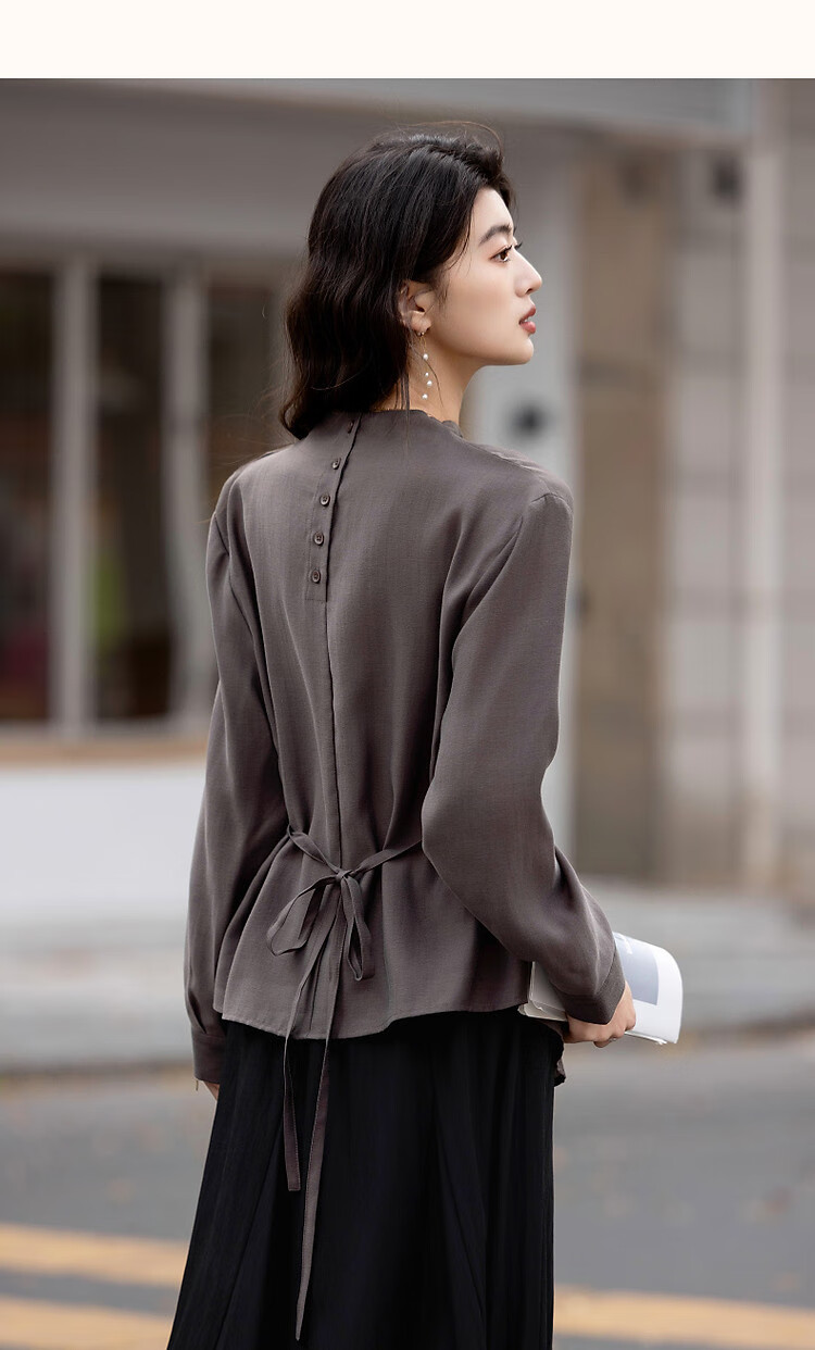 Dme [Designer's Private Label], Autumn Elegant Flowing Collar Shirt with Tie-Up Back, Long-Sleeve Blouse, Women's Top 9