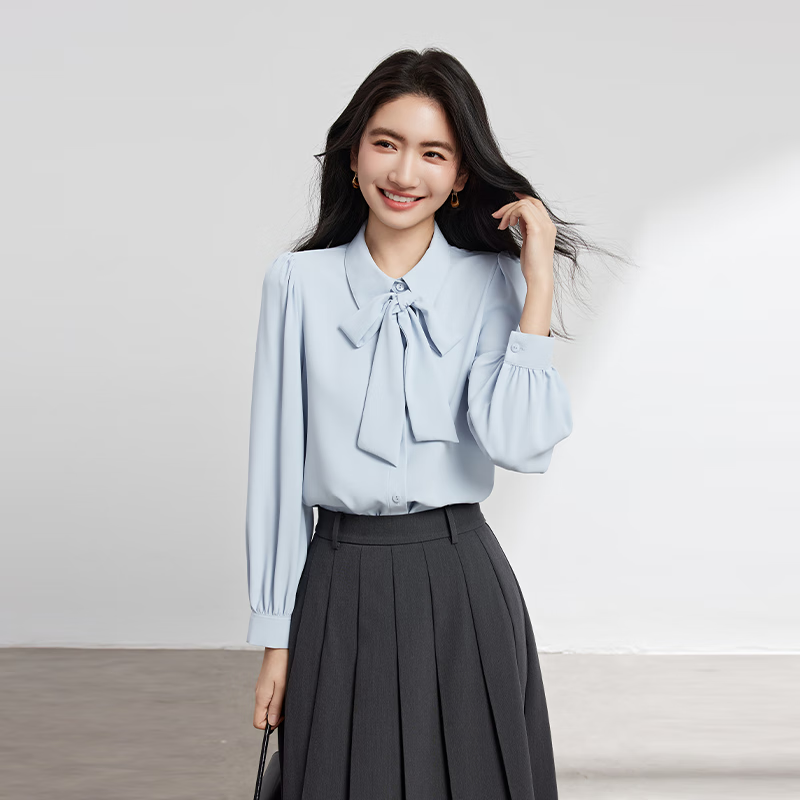 Bodexiaojie Women's Chiffon Bow Tie Blouse, Professional Commute Formal Wear, Inner Layer for Petite Figures, Interview Shirt, Smog Blue 2XL