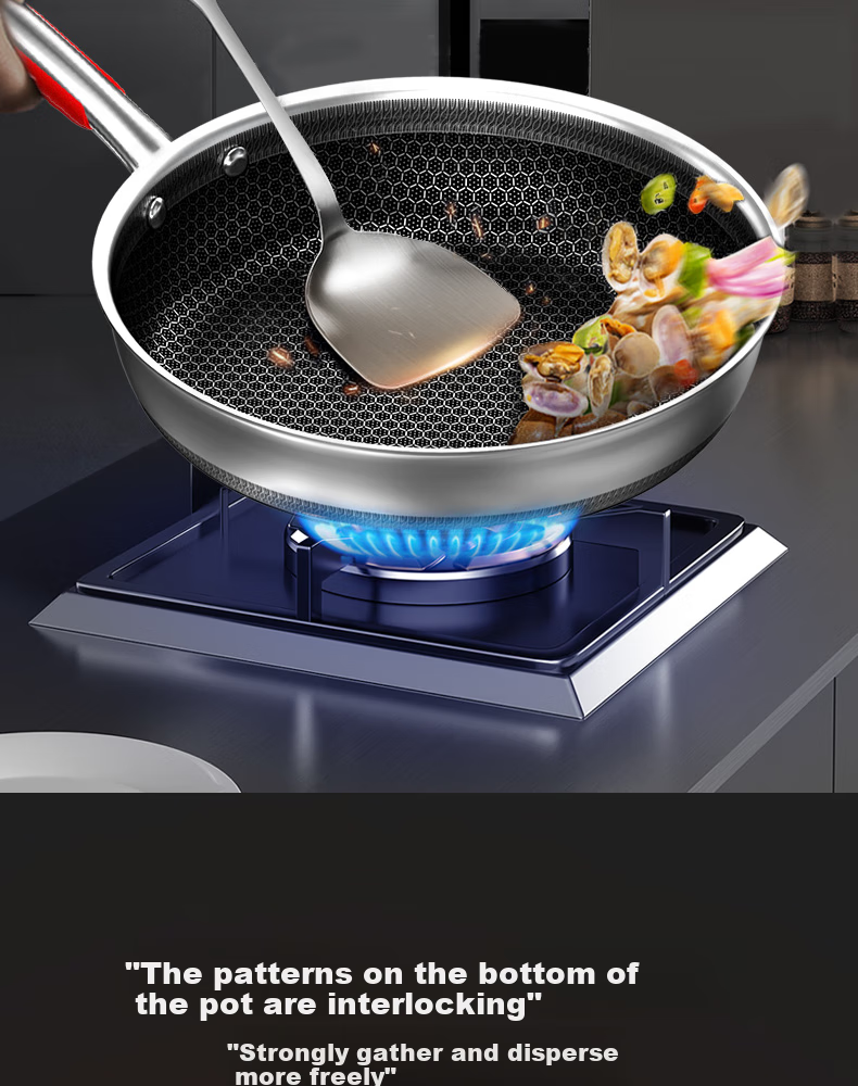 Kobach Non-Stick Frying Pan, 316L Stainless Steel, Flat Bottom Pan, Low Smoke, for Frying Eggs And Steak, Double-Sided Honeycomb Design, Yuexiaowen Model 10