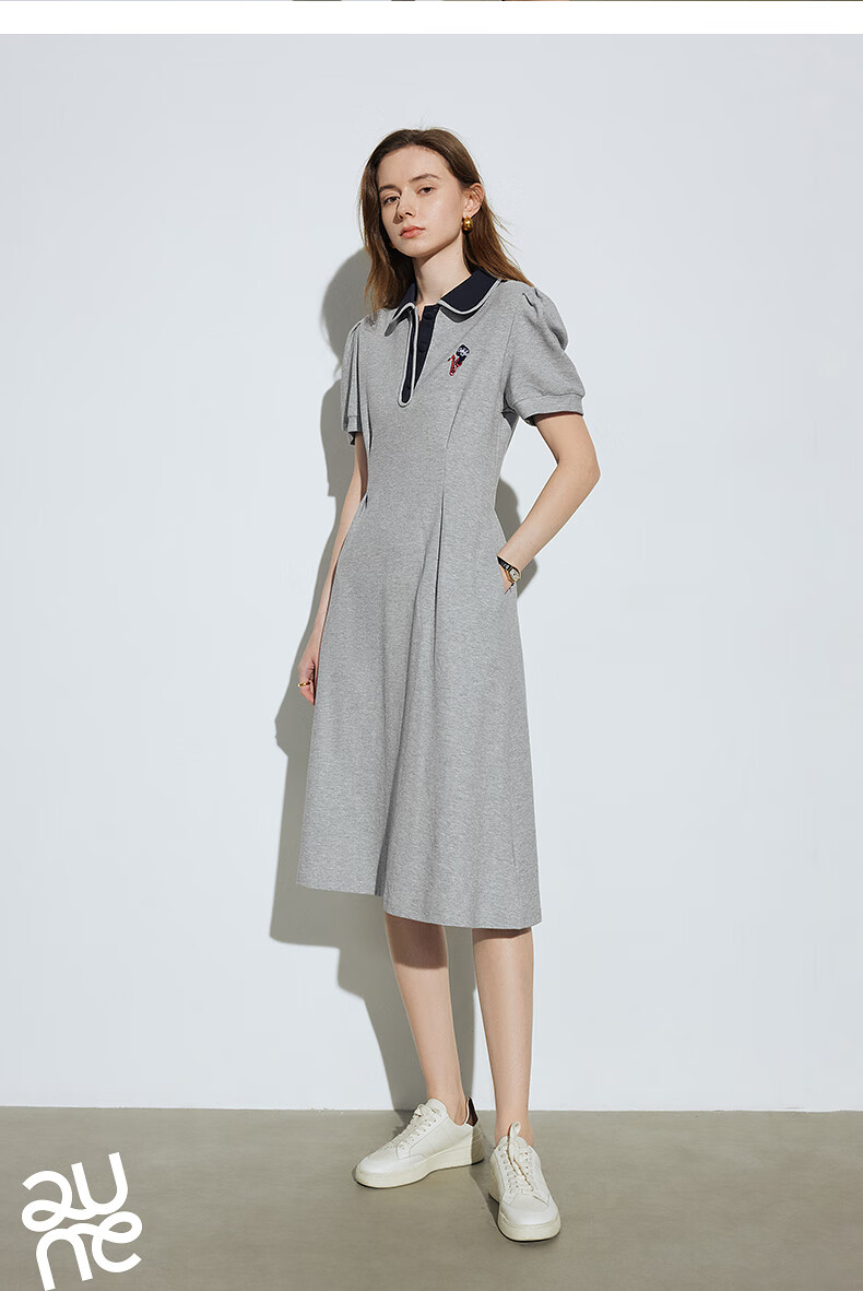 Chuyu Polo Collar Dress with Waist-Cinching Slimming Effect for Women, New Summer 2025 A-Line Short-Sleeve T-Shirt Midi Skirt, Gray, Size S 29