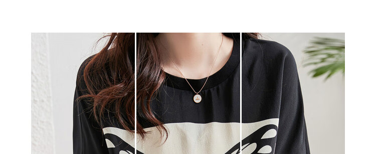 Dme Short-Sleeve Shirt, Black Silk Blouse for Women, Summer Mulberry Silk Printed Loose Round Neck Shirt, Stylish And Niche Desig 9