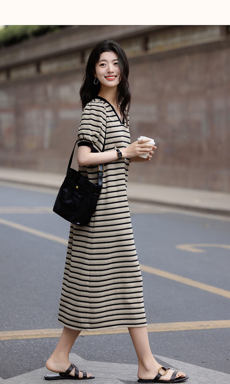Demana Women's Summer V-Neck Striped Puff Sleeve Ribbed Splice Loose Knit Dress with Soft Cloud Cotton 17