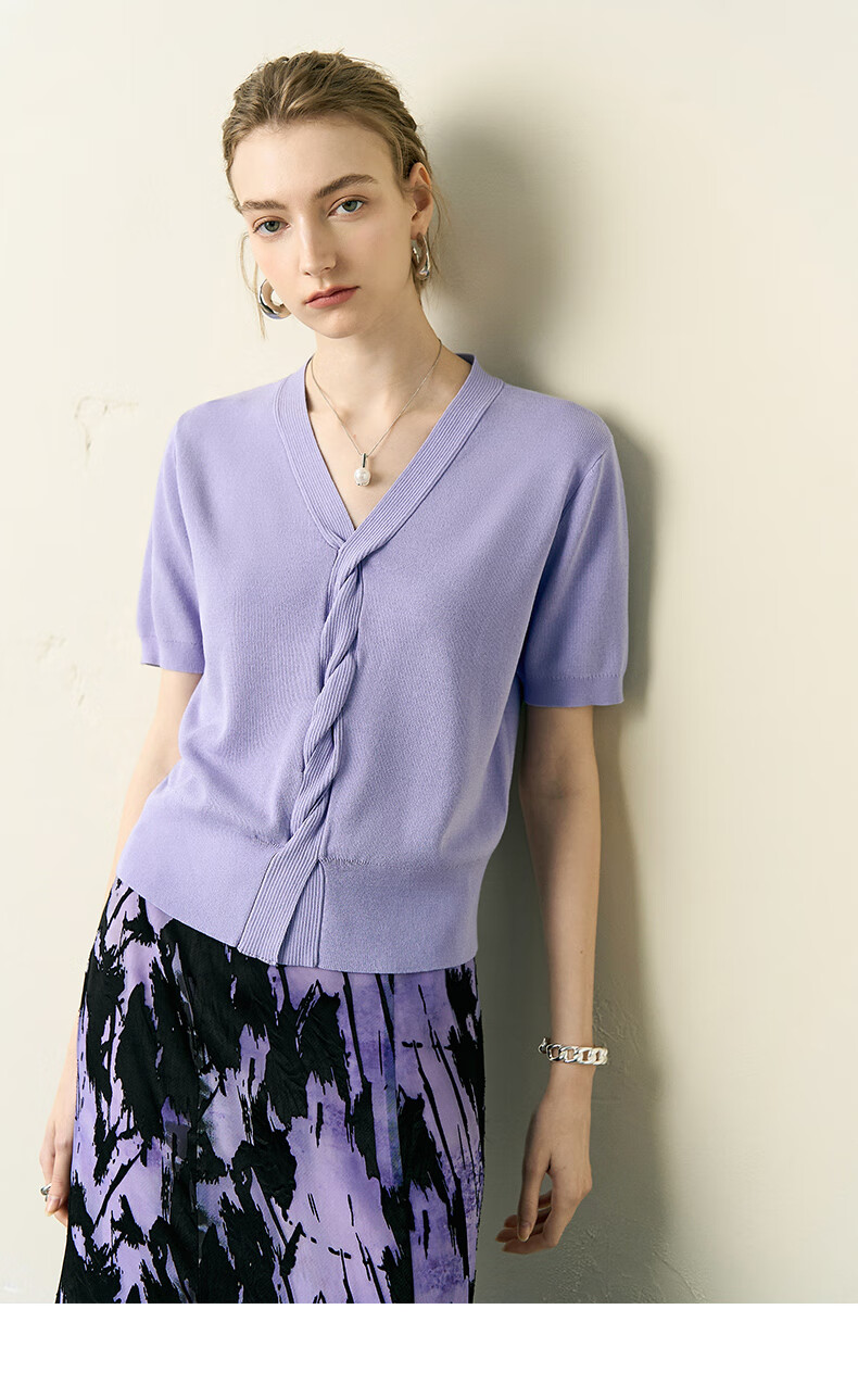 YANYEE Pink Cable Knit Sweater Women 2025 Summer Elegant Slim Fit Long Sleeve V-Neck Top Purple M 12