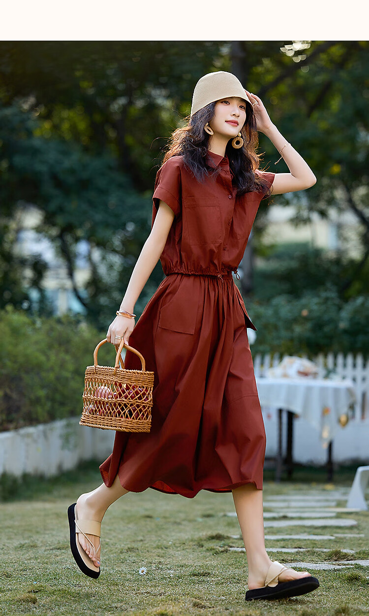 Demana 100% Cotton Poplin Set Summer Lapel Large Pocket Pigskin Button Top A-Line Skirt Two-Piece Set 13