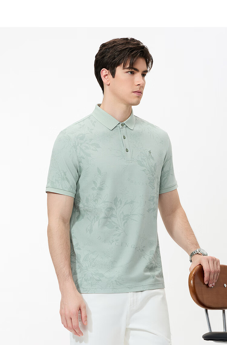 DANCING WOLVES [7A Antibacterial & 2A Anti-Mite] All-Over Embroidery Cool-Touch Men's Short-Sleeve POLO 113 Light Blue M (170) 7