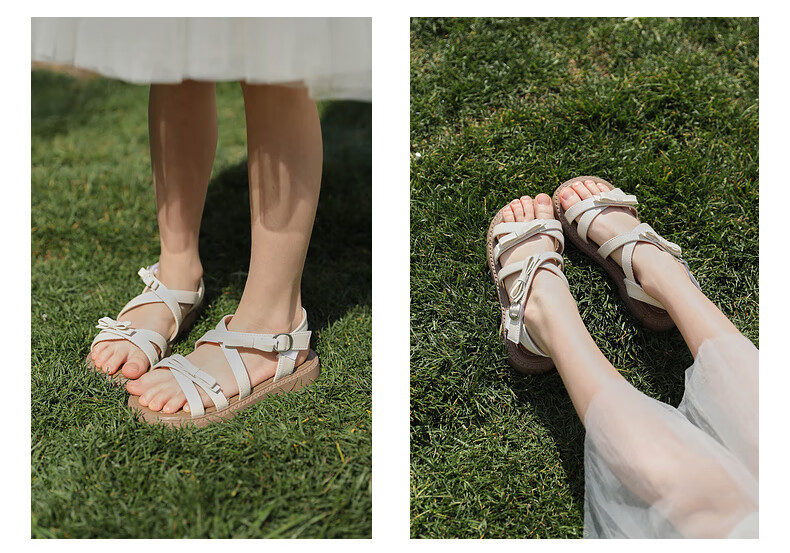 Follow Me Girls' Sandals, Summer New Style, Soft Sole, Breathable Open-Toe Roman Shoes, Little Girl Princess Shoes, Beige, Size 32 5