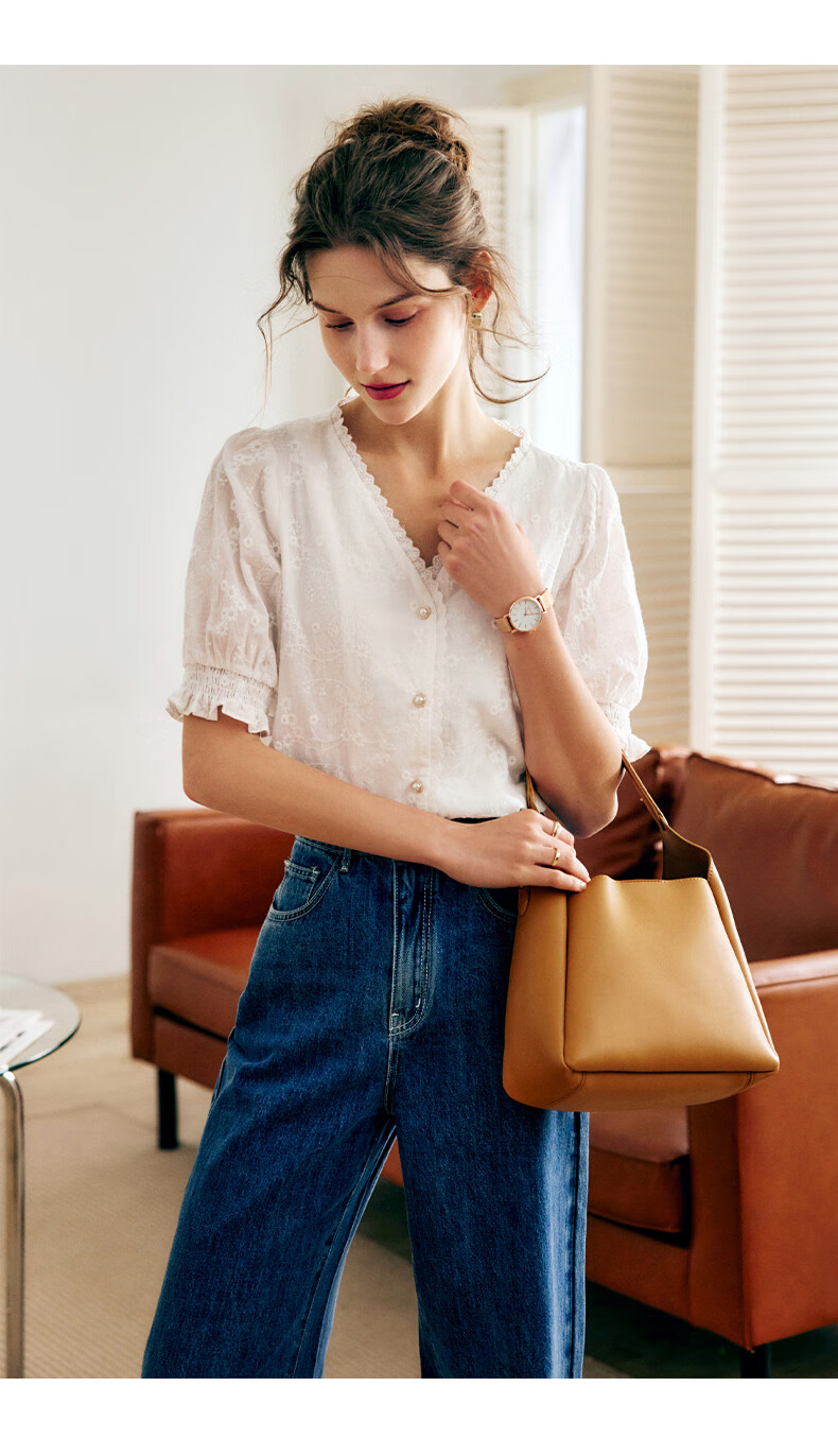 Olrain [Exquisite Small Flower Embroidery Lace Blouse], V-Neck Shirt, Summer Women's Top, Elegant Commuter Wear, White, M 10