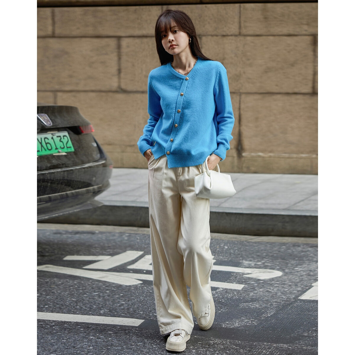 Mt Sky Blue Series Spring Fashion Faux Placket Slimming Commuter Knit Sweater Top