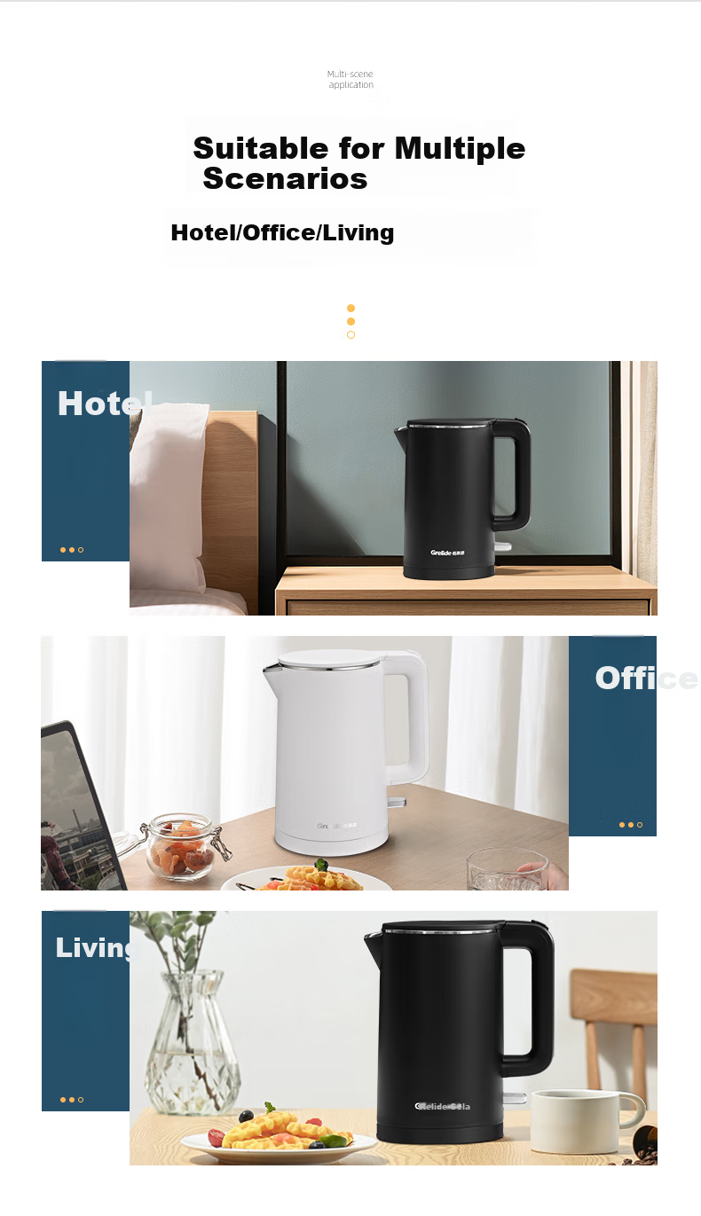 Grelide Electric Kettle, 1000W Low Power, for Student Dormitory, 1L Capacity, Double-Layer Anti-Scalding Design, Hotel-Grade 304 Stainless Steel Seamless Inner Pot, Hot Water Kettle HD1010 5
