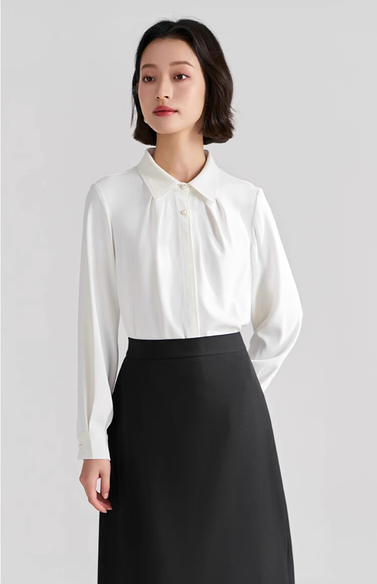 Bodexiaojie White Blouse for Women, Professional Commute Straight Shoulder Top, Petite Elegant Outfit, Formal Shirt 5