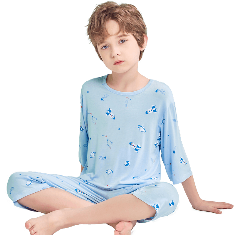 LangSha Children's Pajamas, Boys' Summer Thin Modal Youth Three-Quarter Sleeve Home Wear Set, Light Blue, Size 150