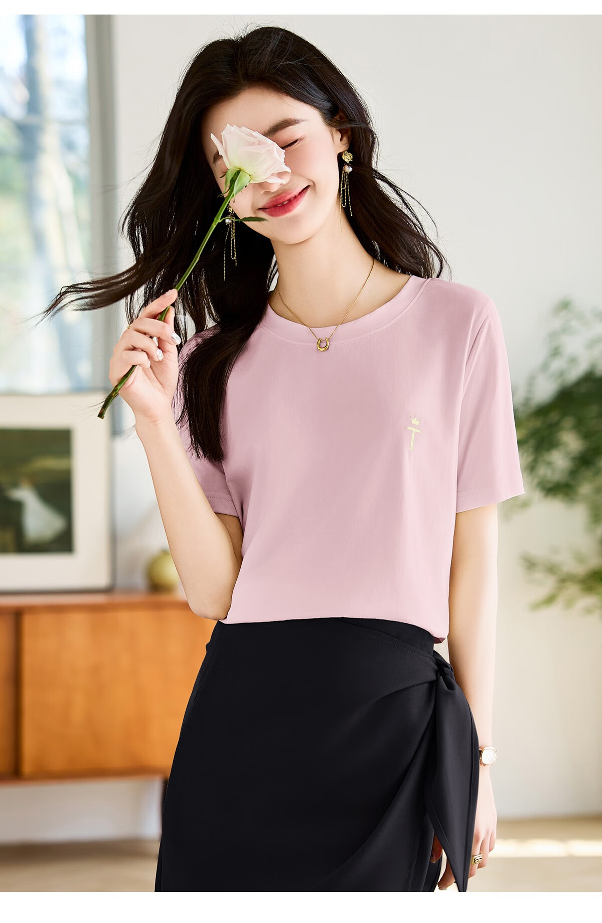 Taxiang Women's Short-Sleeve T-Shirt, Round Neck, Casual Versatile Embroidered Top, Ladies' T-Shirt, Simple Short-Sleeve Undershirt T143T1390 19
