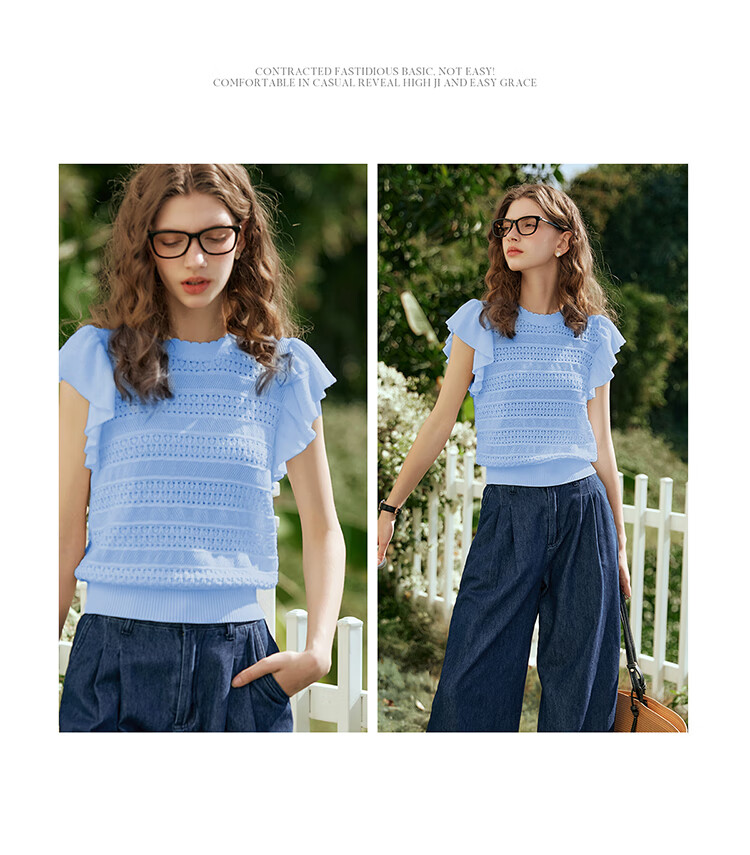 Olrain French Hollow Knitwear Women's Summer Loose Ruffle Sleeve Top Apricot White L 24