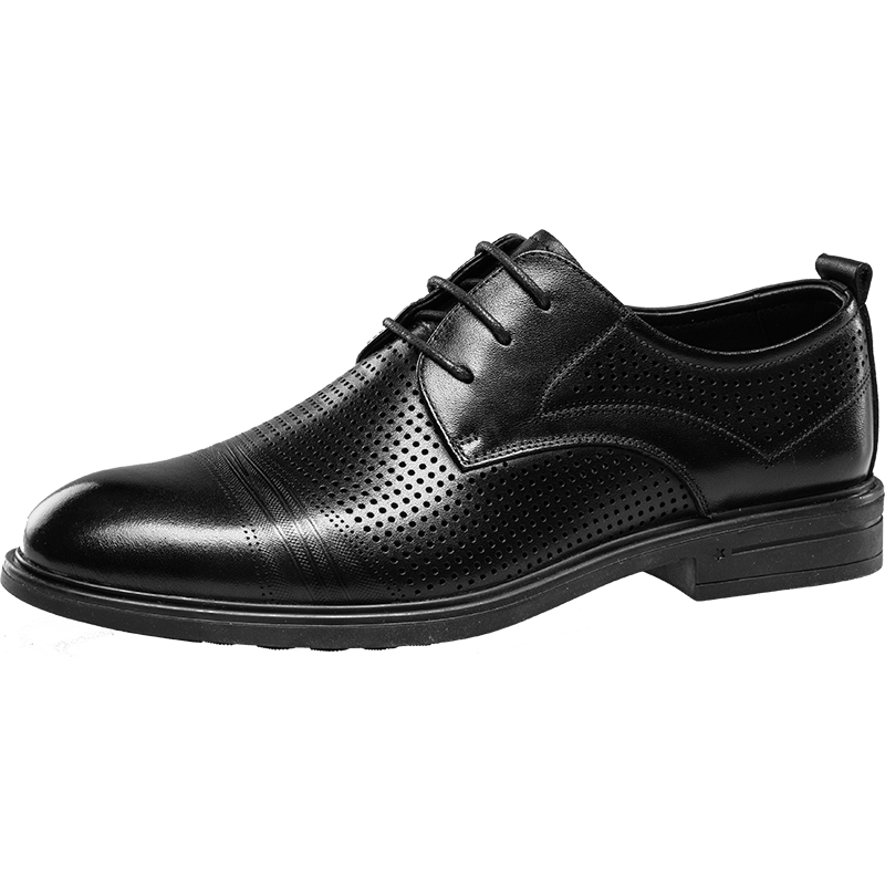 Kangnai Summer Business Casual Perforated Shoes, Hole-Punched Leather Shoes, Lace-Up Wear-Resistant Breathable Formal Derby Shoes, Black, Size 38