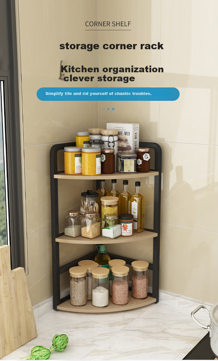Shuaili Kitchen Countertop Storage Rack, Corner Three-Tier Organizer Shelf for Wall, Triangular Spice Rack for Miscellaneous Items And Cookware SL8415 1