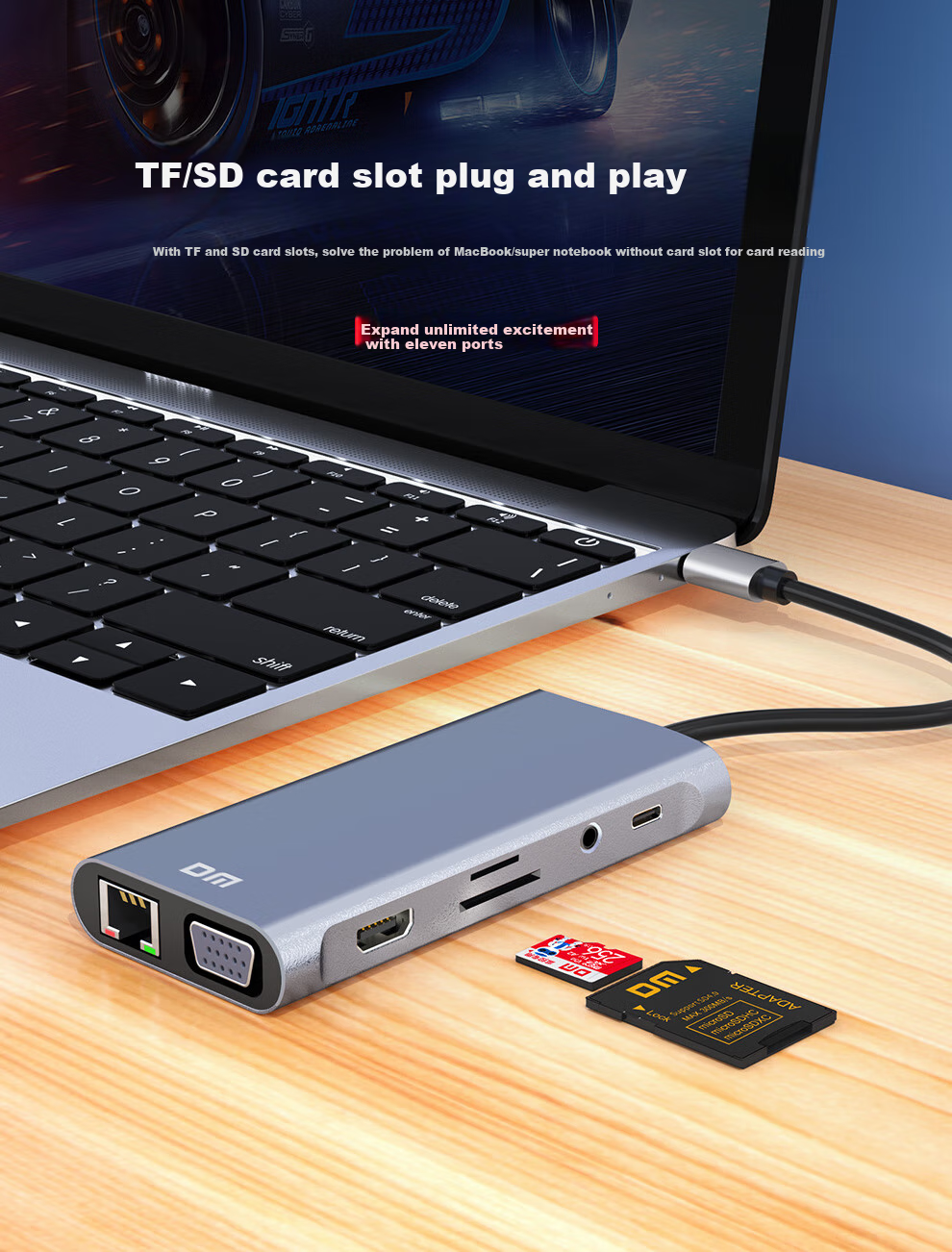DM Daimai Type-C Eleven-In Expansion Dock, USB-C to HDM I/VGA/Network Port, Laptop 4K Adapter, Multifunctional Splitter with 3.5mm Audio, CHB065 10