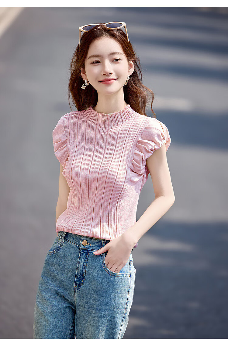 Shangjing Women's Summer Knitwear New French Elegant Puff Sleeve Slim Fit Short Sleeve T-Shirt Top 17