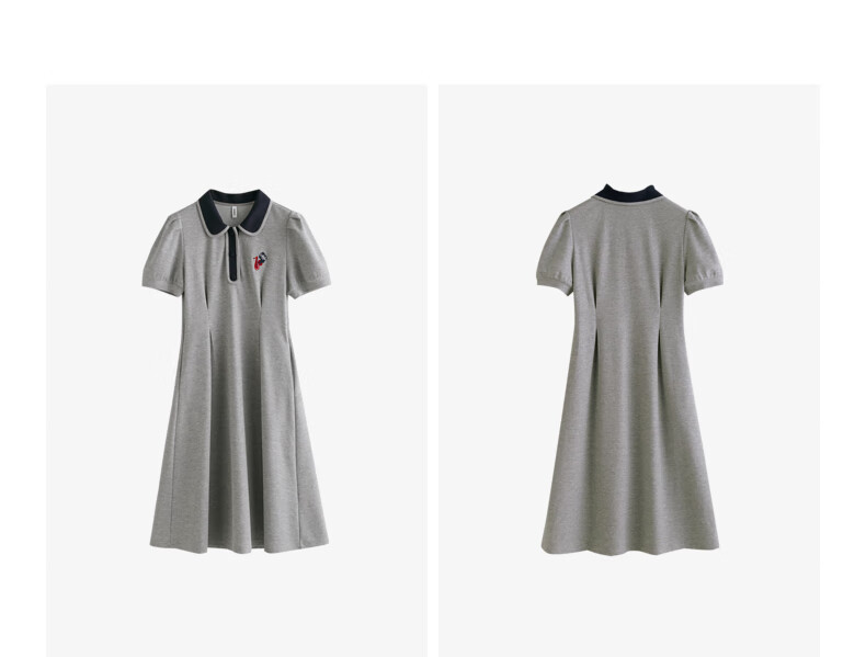 Chuyu Polo Collar Dress with Waist-Cinching Slimming Effect for Women, New Summer 2025 A-Line Short-Sleeve T-Shirt Midi Skirt, Gray, Size S 38