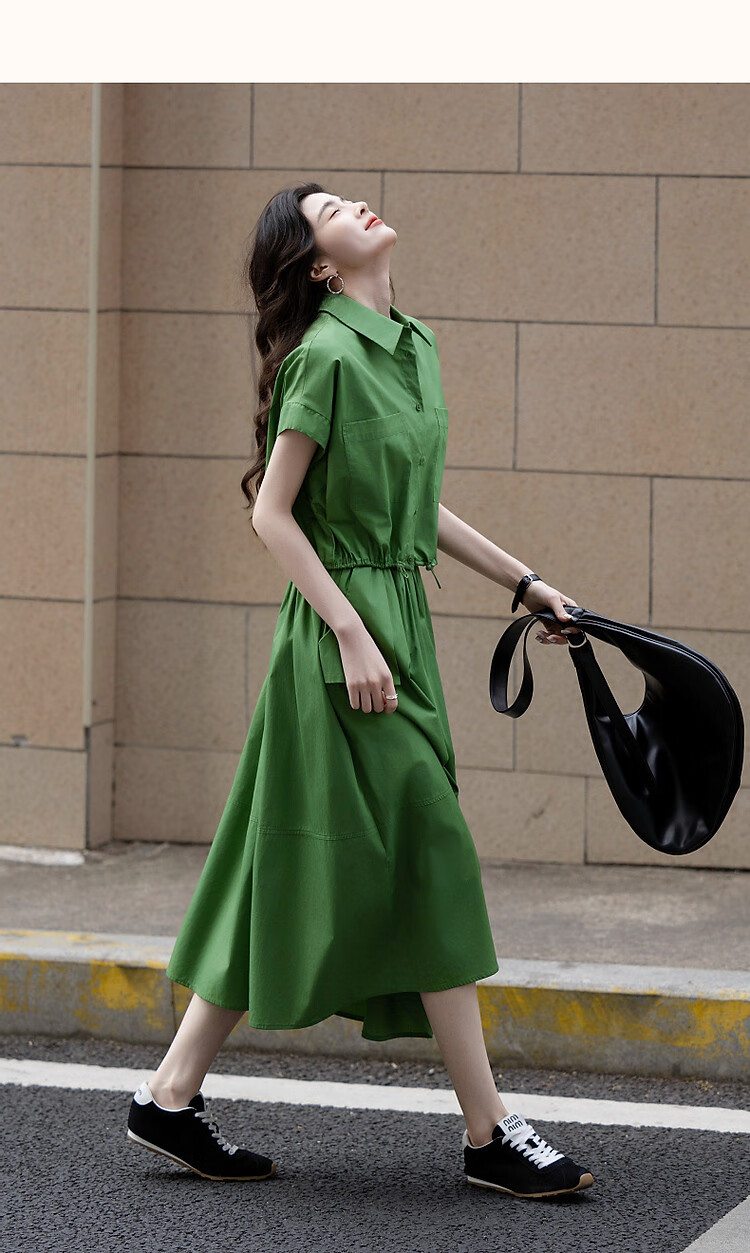 Demana 100% Cotton Poplin Set Summer Lapel Large Pocket Pigskin Button Top A-Line Skirt Two-Piece Set 7