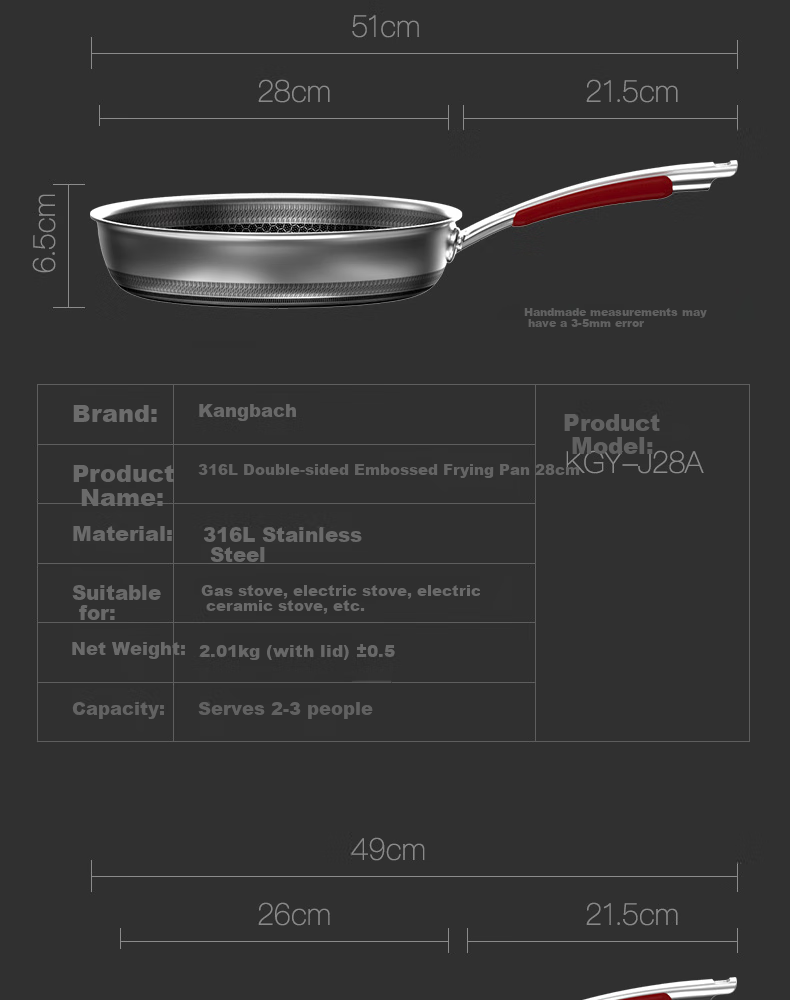 Kobach Non-Stick Frying Pan, 316L Stainless Steel, Flat Bottom Pan, Low Smoke, for Frying Eggs And Steak, Double-Sided Honeycomb Design, Yuexiaowen Model 15